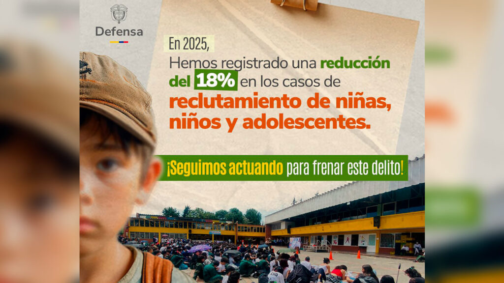 Cae 18 % el reclutamiento forzado de menores en Colombia, según el Ministerio de Defensa.