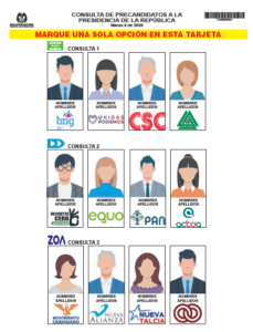 La Registraduría Nacional revela el tarjetón único para las consultas presidenciales del 8 de marzo.