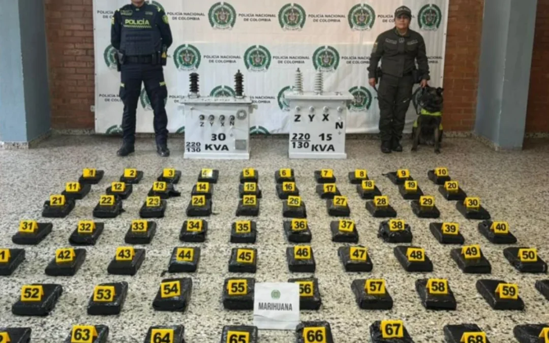 La Policía Metropolitana de Bogotá incautó 84 kilos de marihuana en el Aeropuerto El Dorado. El cargamento, oculto en transformadores de energía, tenía como destino San Andrés - Foto: Policía de Bogotá