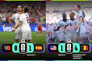 España eliminó a la Portugal de Cristiano Ronaldo con un agónico gol de Mikel Merino, mientras que Bélgica goleó 4-1 al coanfitrión Estados Unidos - Foto: @FIFAWorldCup